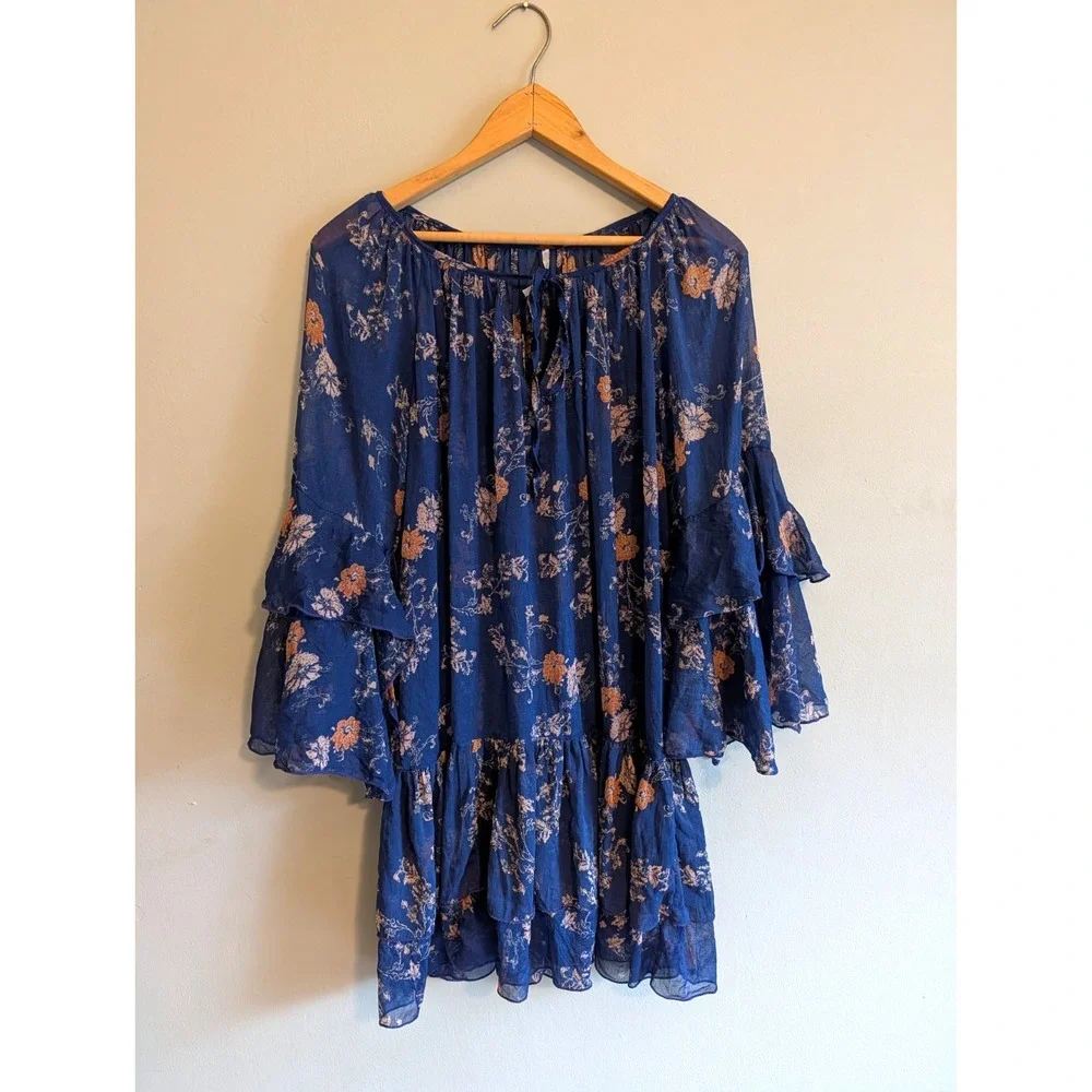 Free People Sunsetter Floral Ruffle Mini Dress Tunic Small Blue Sheer Festival